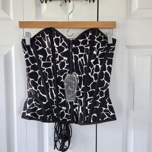 Living Dead Souls Black/White Animal Print Zip Lace Up Corset